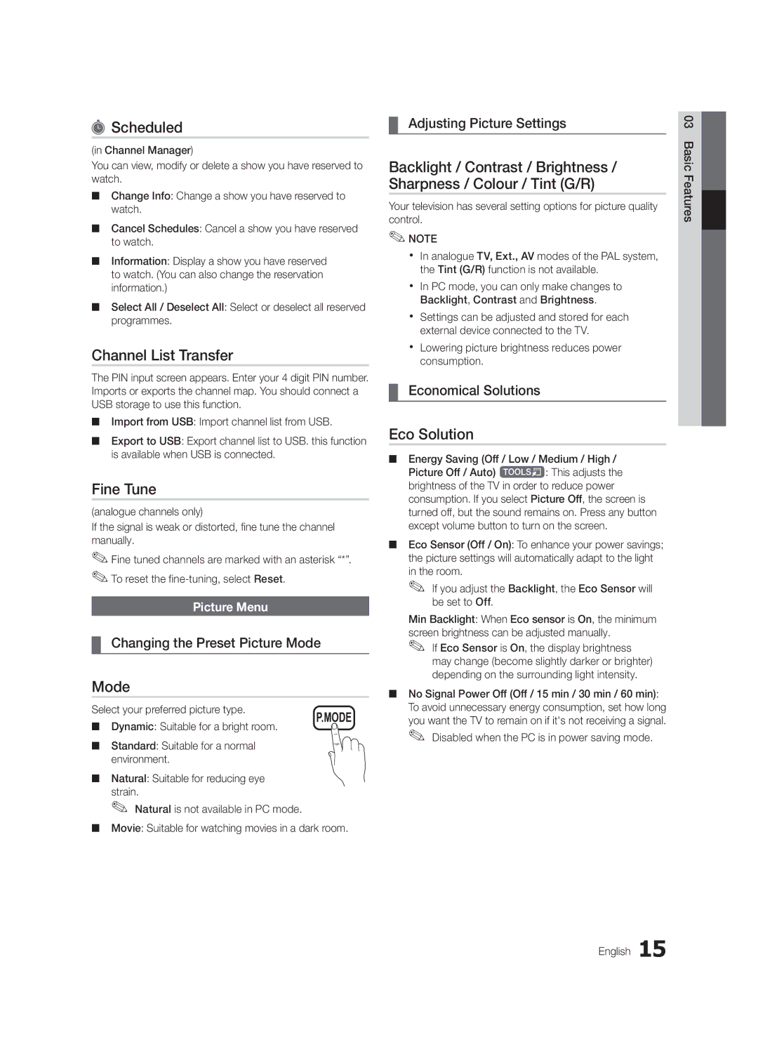Samsung UE55C6000RWXZF, UE40C6000RWXXN, UE37C6000RWXXN manual Scheduled, Channel List Transfer, Fine Tune, Mode, Eco Solution 