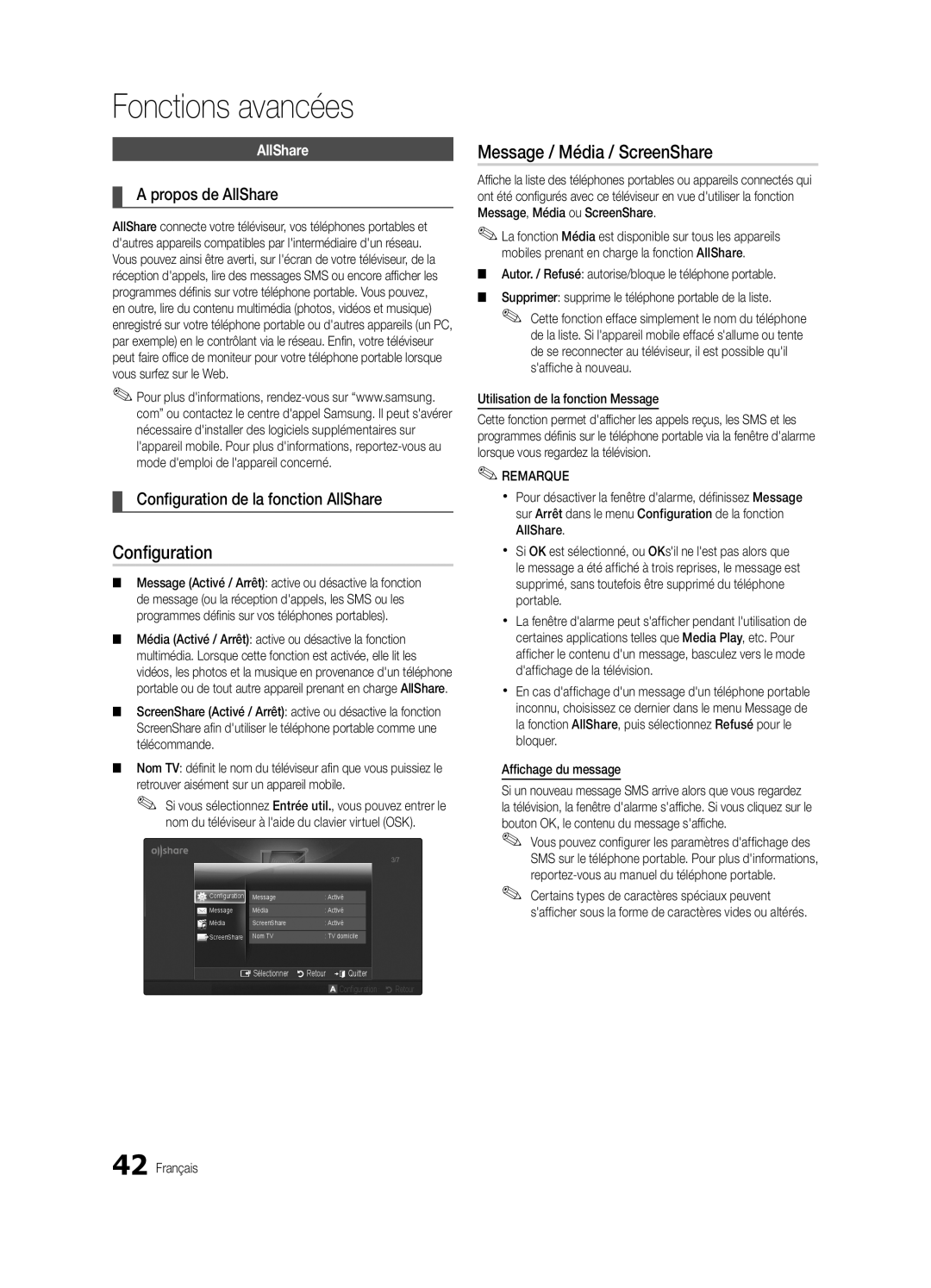 Samsung UE55C6000RWXXH manual Message / Média / ScreenShare, Propos de AllShare, Configuration de la fonction AllShare 