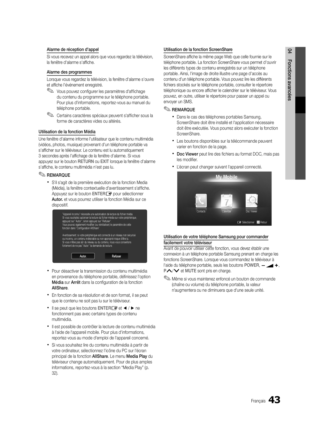 Samsung UE32C6000RWXXC, UE40C6000RWXXN manual Utilisation de la fonction Média, Utilisation de la fonction ScreenShare 