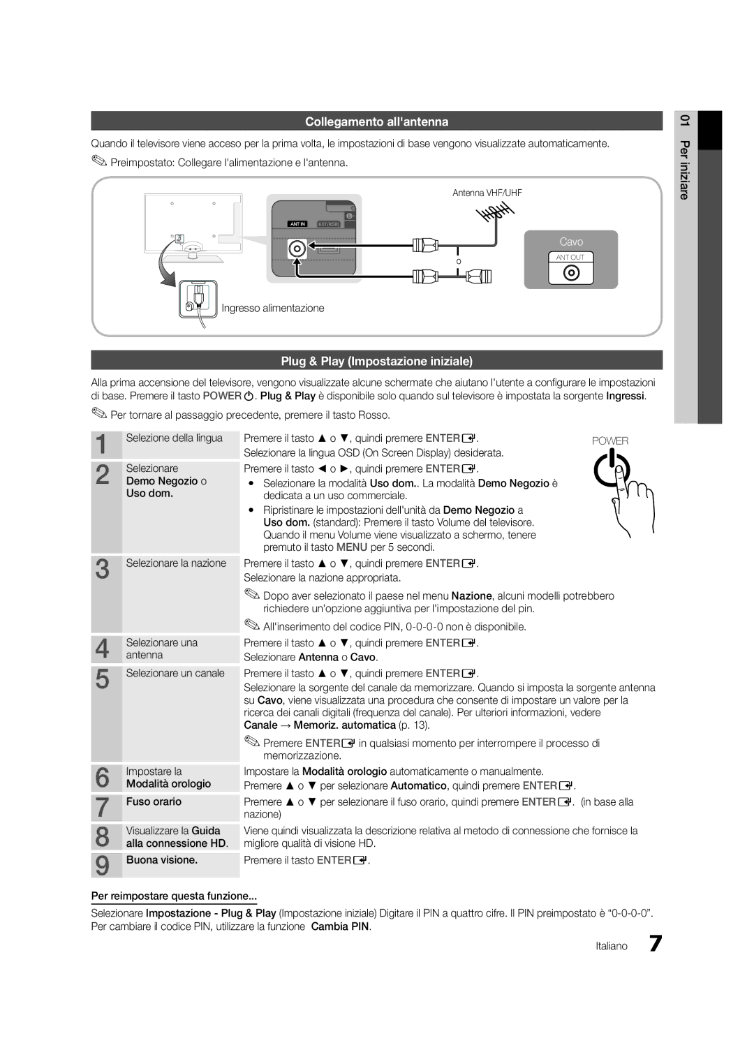 Samsung UE40C6000RWXZF, UE40C6000RWXXN, UE37C6000RWXXN manual Collegamento allantenna, Plug & Play Impostazione iniziale 