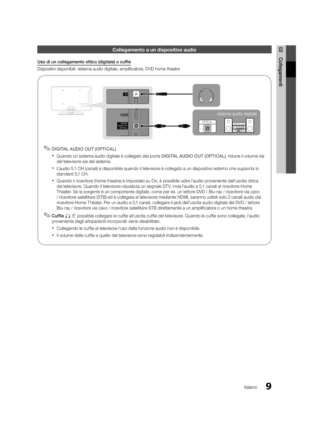 Samsung UE55C6000RWXZF, UE40C6000RWXXN, UE37C6000RWXXN manual Collegamento a un dispositivo audio, Collegamenti Italiano 