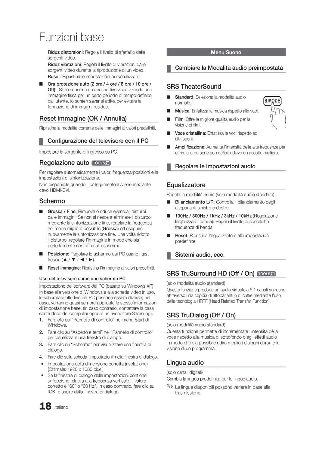 Samsung UE37C6000RWXXH manual Reset immagine OK / Annulla, Regolazione auto t, Schermo, Equalizzatore, Lingua audio 