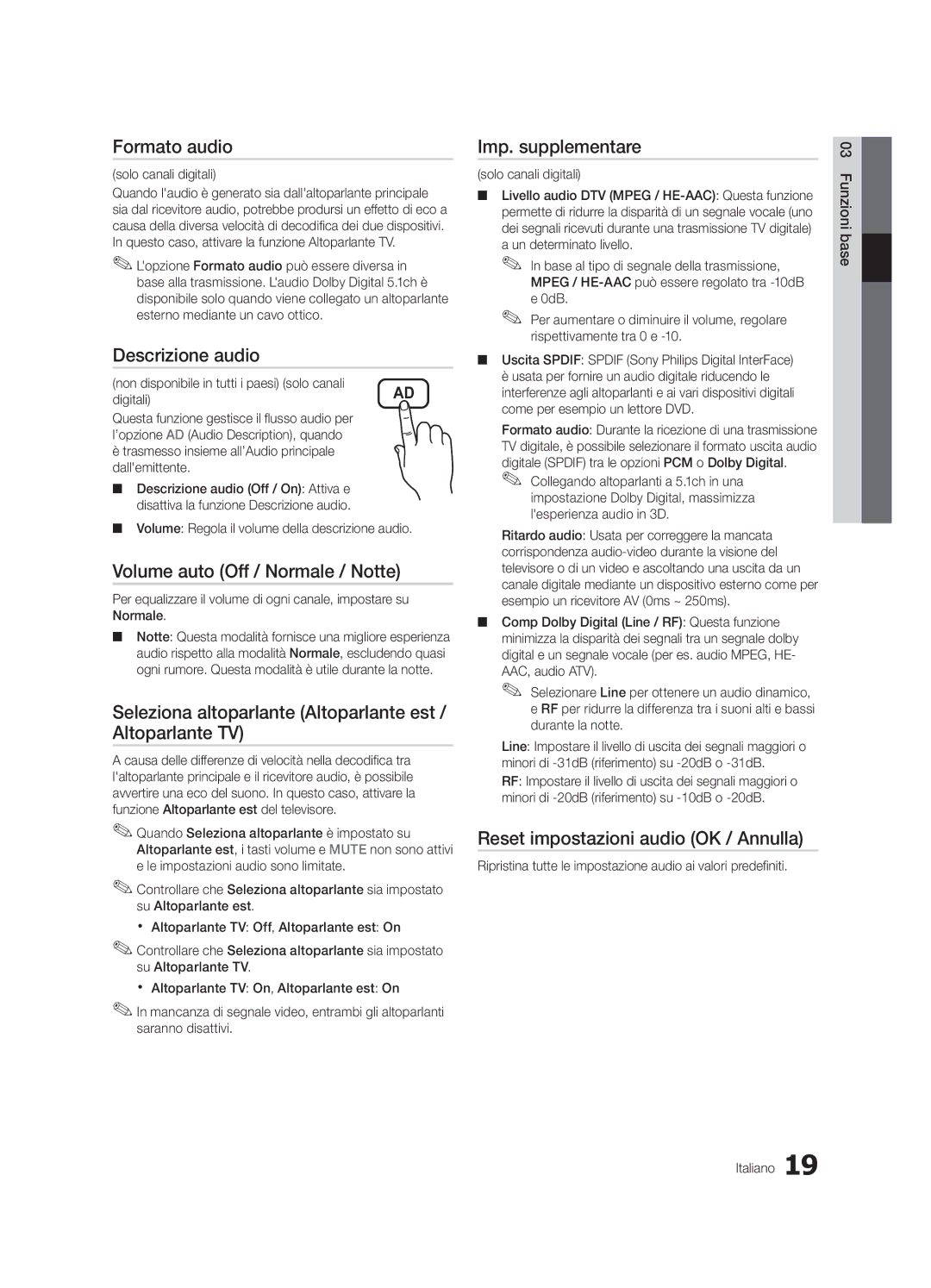 Samsung UE46C6005RWXXE manual Formato audio, Descrizione audio, Volume auto Off / Normale / Notte, Imp. supplementare 