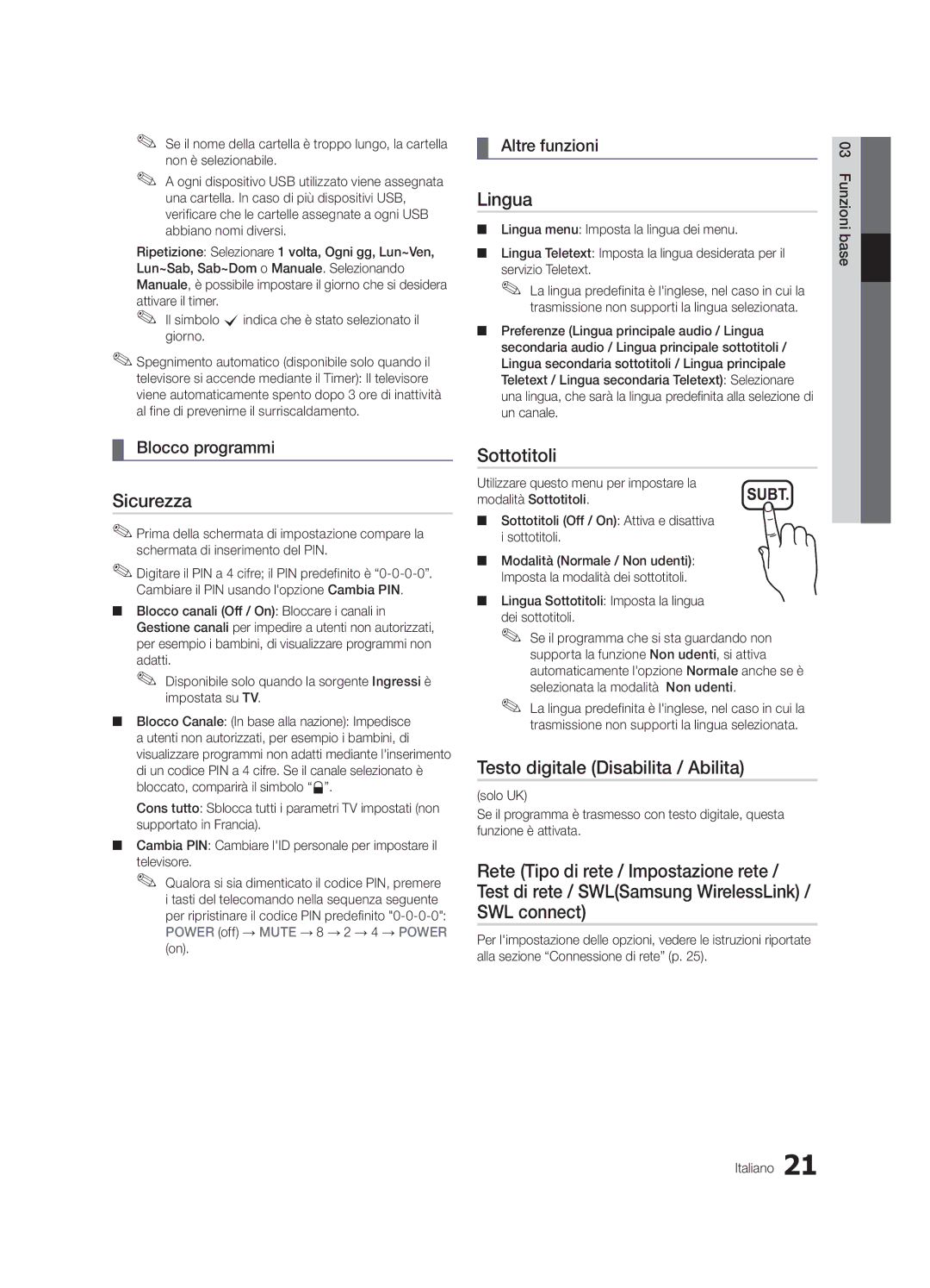 Samsung UE37C6000RWXXN manual Lingua, Sicurezza, Sottotitoli, Testo digitale Disabilita / Abilita, Blocco programmi 