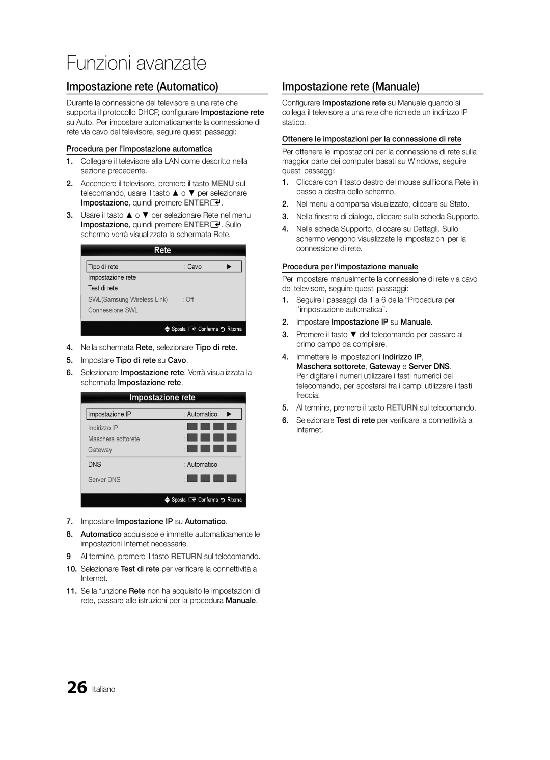 Samsung UE55C6000RWXTK, UE40C6000RWXXN, UE37C6000RWXXN manual Impostazione rete Automatico, Impostazione rete Manuale, Rete 