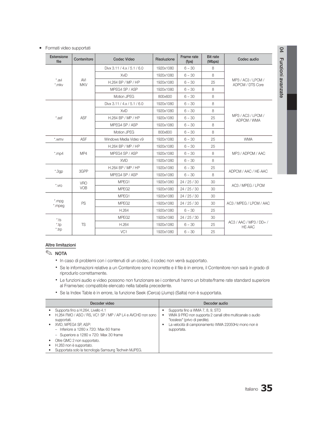 Samsung UE55C6000RWXZF manual Yy Formati video supportati, WMA 9 PRO non supporta 2 canali oltre multicanale o audio 