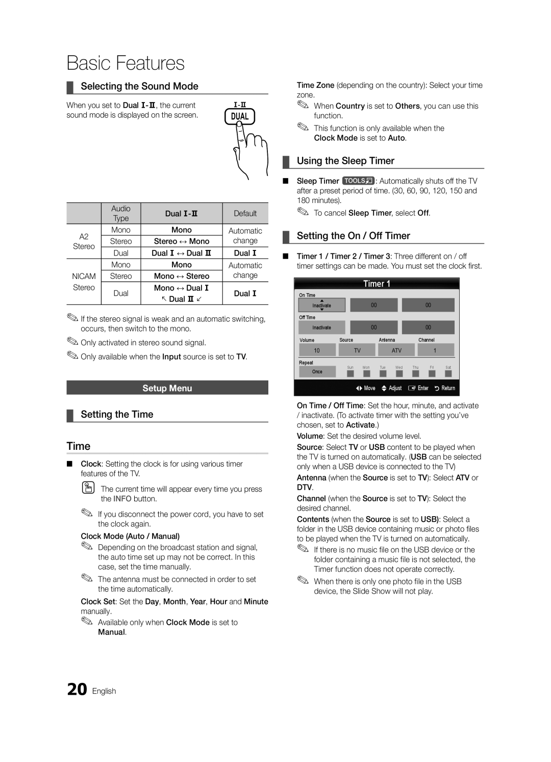 Samsung UE55C6000RWXXH Selecting the Sound Mode, Setting the Time, Using the Sleep Timer, Setting the On / Off Timer 