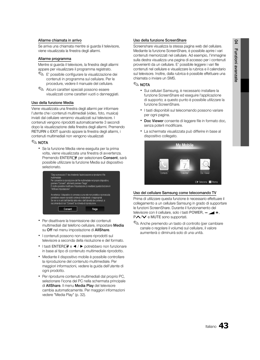 Samsung UE40C6000RWXXH, UE40C6000RWXXN manual Allarme chiamata in arrivo, Allarme programma, Uso della funzione Media 