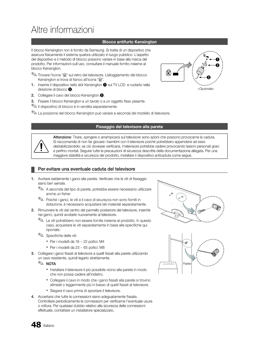 Samsung UE46C6000RWXXN, UE40C6000RWXXN manual Per evitare una eventuale caduta del televisore, Blocco antifurto Kensington 