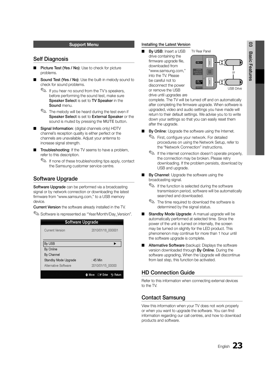 Samsung UE40C6000RWXXH, UE40C6000RWXXN manual Self Diagnosis, Software Upgrade, HD Connection Guide, Contact Samsung 