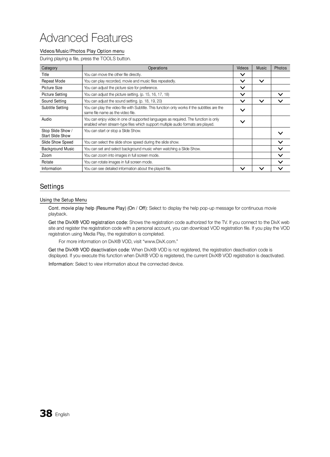 Samsung UE55C6000RWXZG, UE40C6000RWXXN manual Settings, Videos/Music/Photos Play Option menu, Press the Tools button 