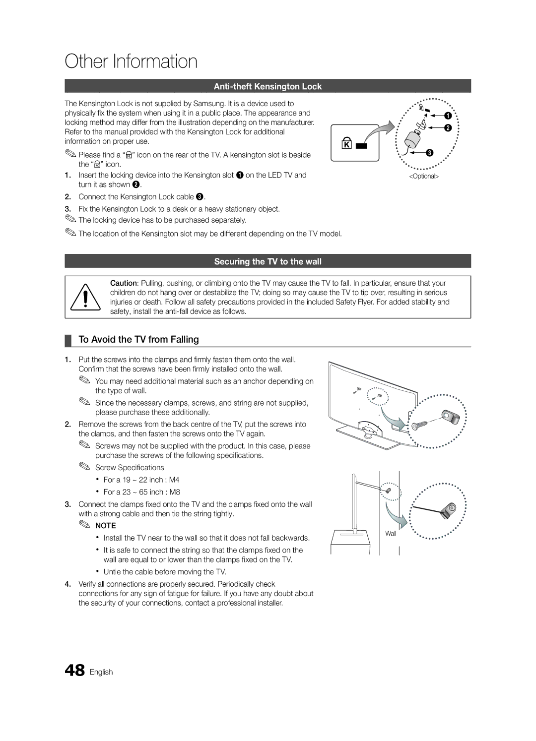 Samsung UE46C6000RWXXH To Avoid the TV from Falling, Anti-theft Kensington Lock, Securing the TV to the wall, Optional 