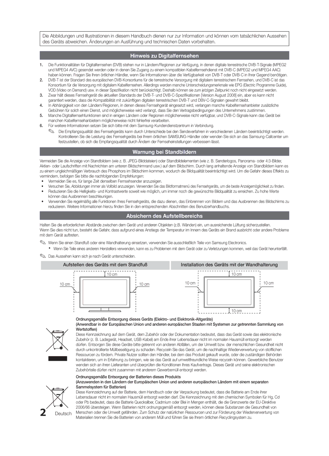 Samsung UE37C6000RWXZG, UE40C6000RWXXN Absichern des Aufstellbereichs, Aufstellen des Geräts mit dem Standfuß, Deutsch 