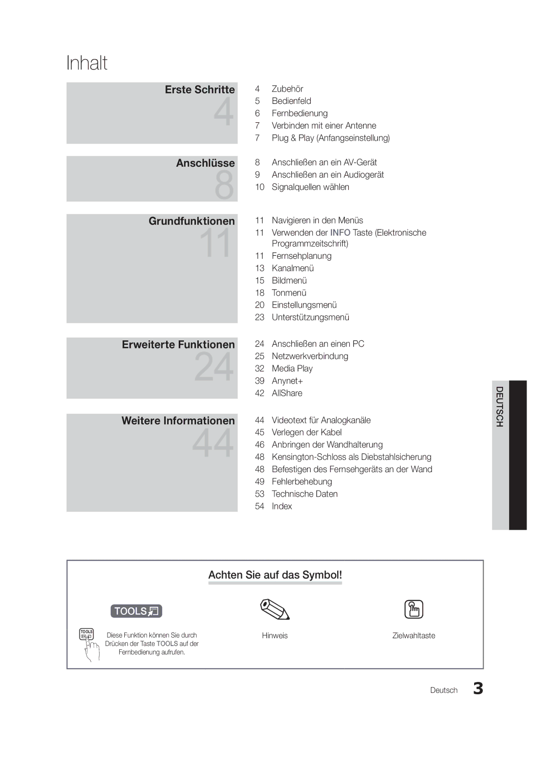 Samsung UE32C6000RWXXN, UE40C6000RWXXN, UE37C6000RWXXN manual Inhalt, Achten Sie auf das Symbol, Hinweis, Zielwahltaste 