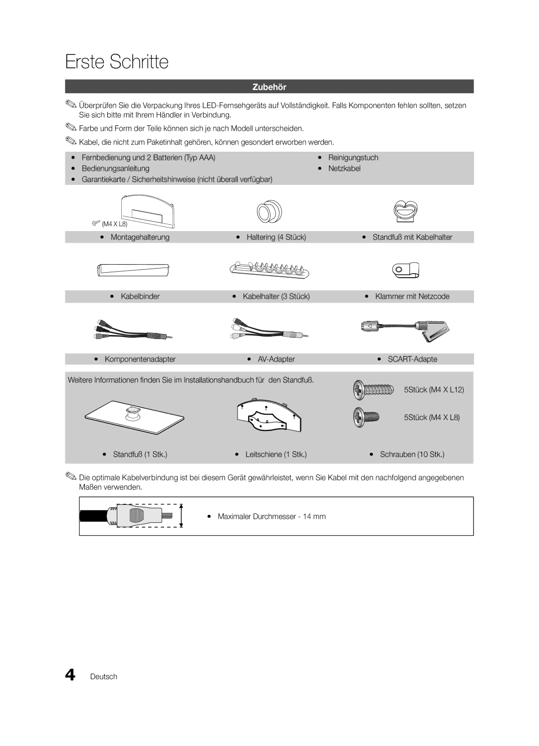 Samsung UE55C6000RWXTK, UE40C6000RWXXN, UE37C6000RWXXN manual Erste Schritte, Zubehör, Yy Montagehalterung, Yy Kabelbinder 