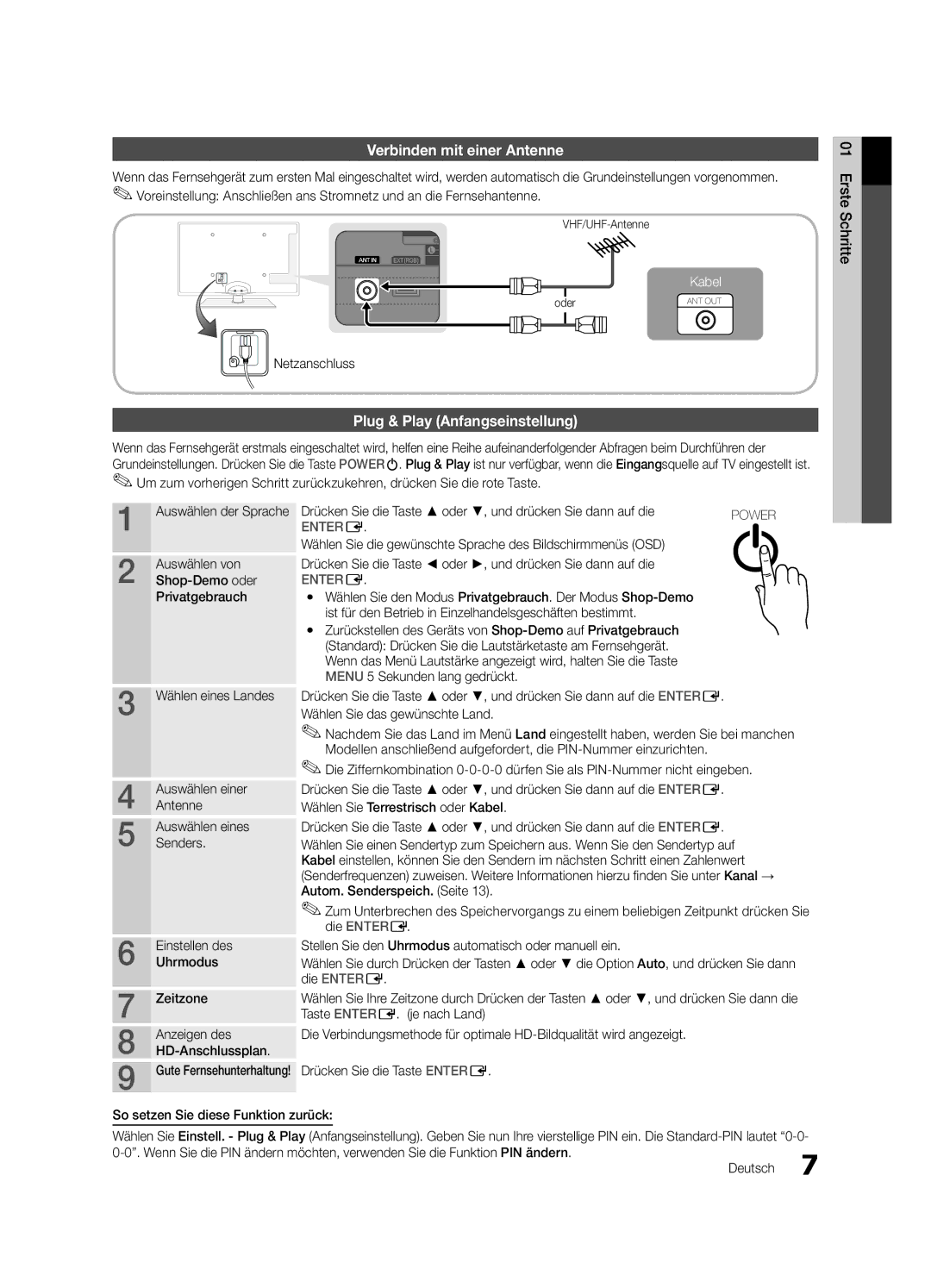 Samsung UE32C6000RWXZG, UE40C6000RWXXN, UE37C6000RWXXN manual Verbinden mit einer Antenne, Plug & Play Anfangseinstellung 