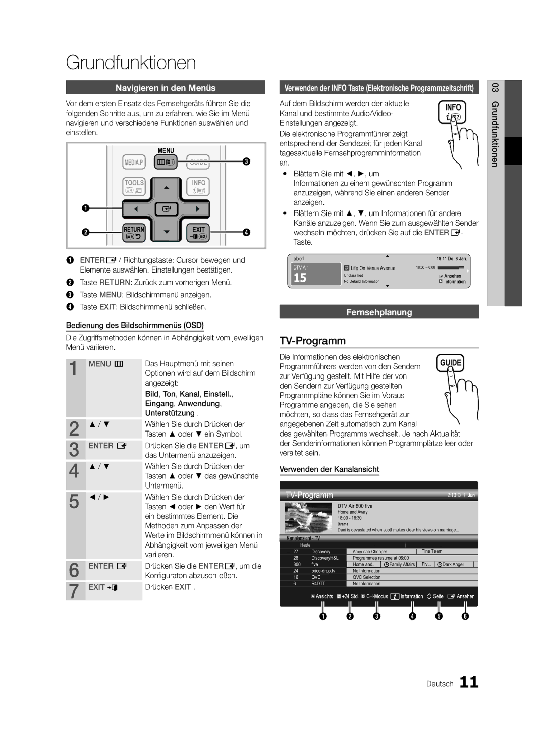 Samsung UE40C6000RWXZF, UE40C6000RWXXN manual Grundfunktionen, TV-Programm, Navigieren in den Menüs, Fernsehplanung 