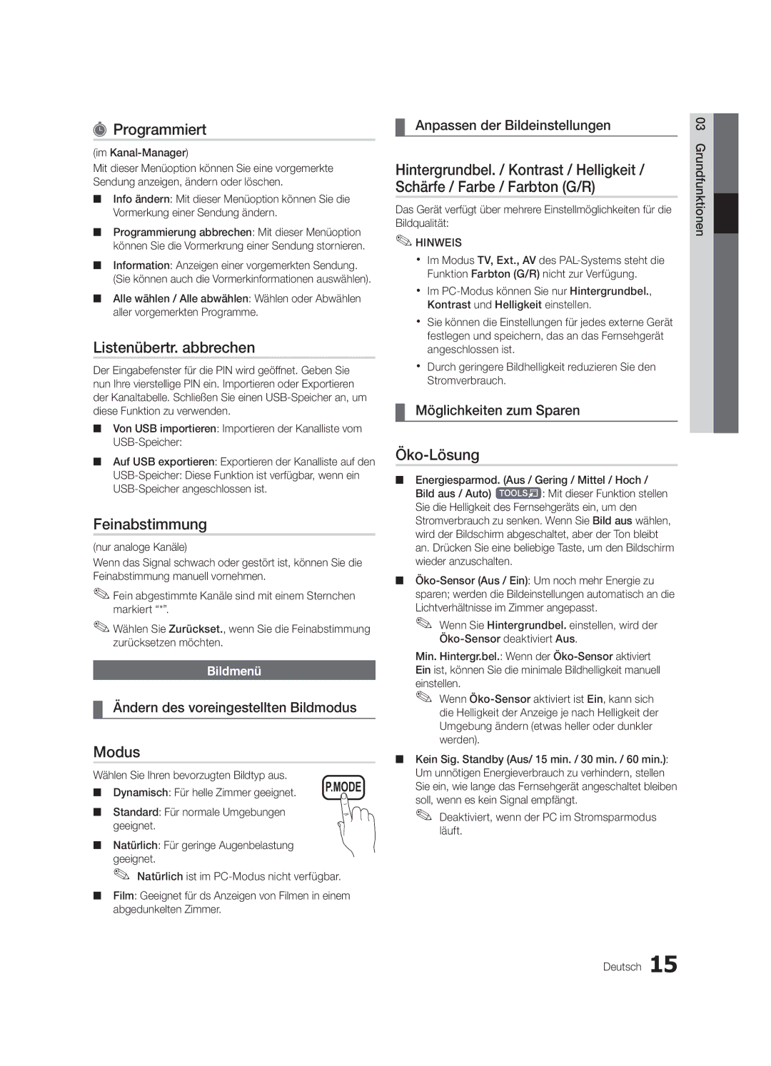 Samsung UE46C6000RWXXC, UE40C6000RWXXN manual Programmiert, Listenübertr. abbrechen, Feinabstimmung, Modus, Öko-Lösung 