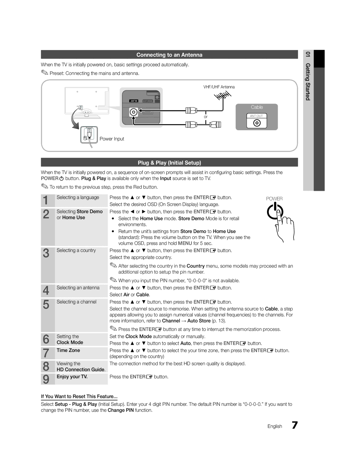 Samsung UE55C6000RWXXN Connecting to an Antenna, Plug & Play Initial Setup, Power Input 01Started Getting, VHF/UHF Antenna 