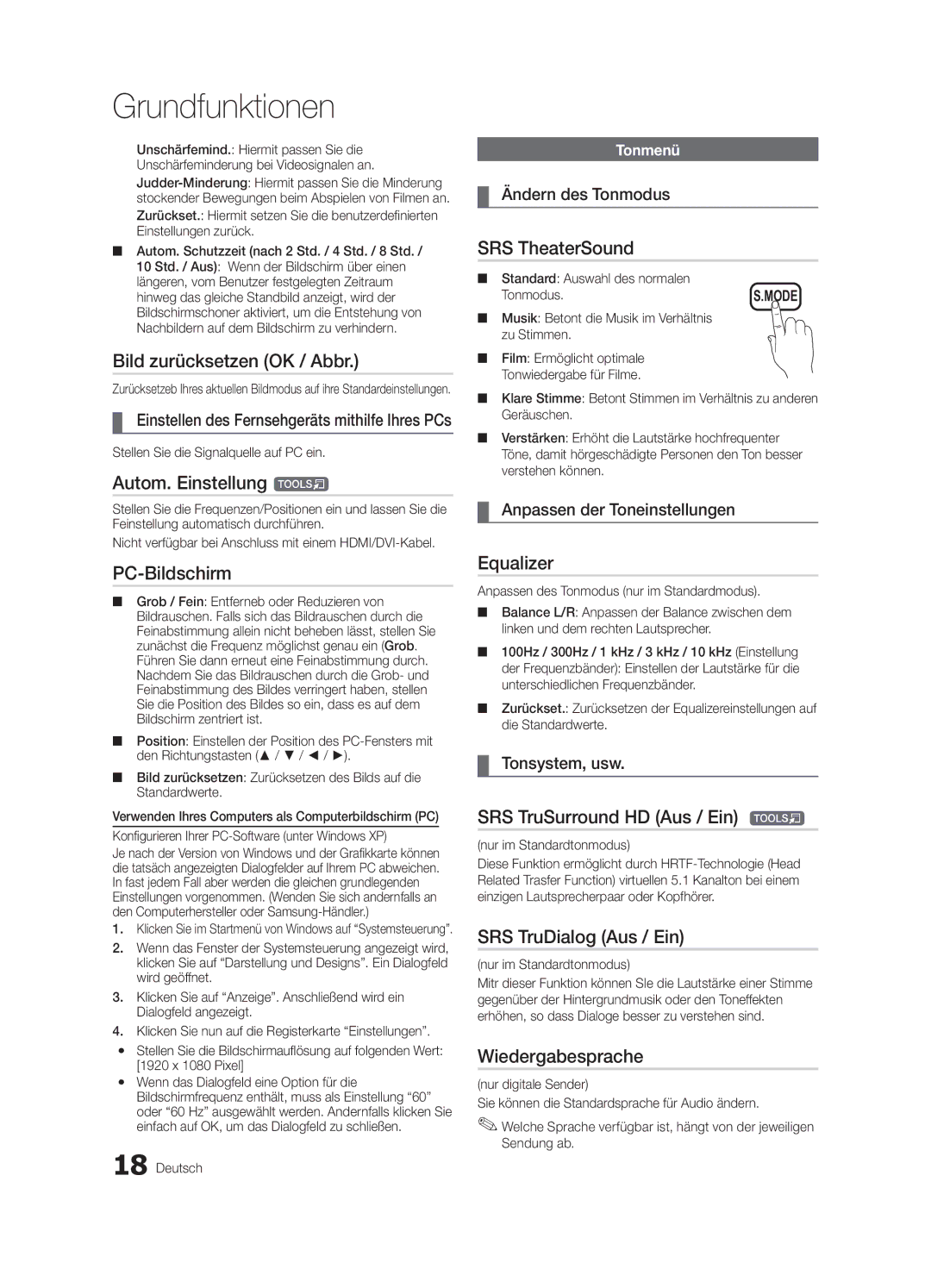 Samsung UE55C6000RWXXH Bild zurücksetzen OK / Abbr, Autom. Einstellung t, PC-Bildschirm, SRS TruSurround HD Aus / Ein t 