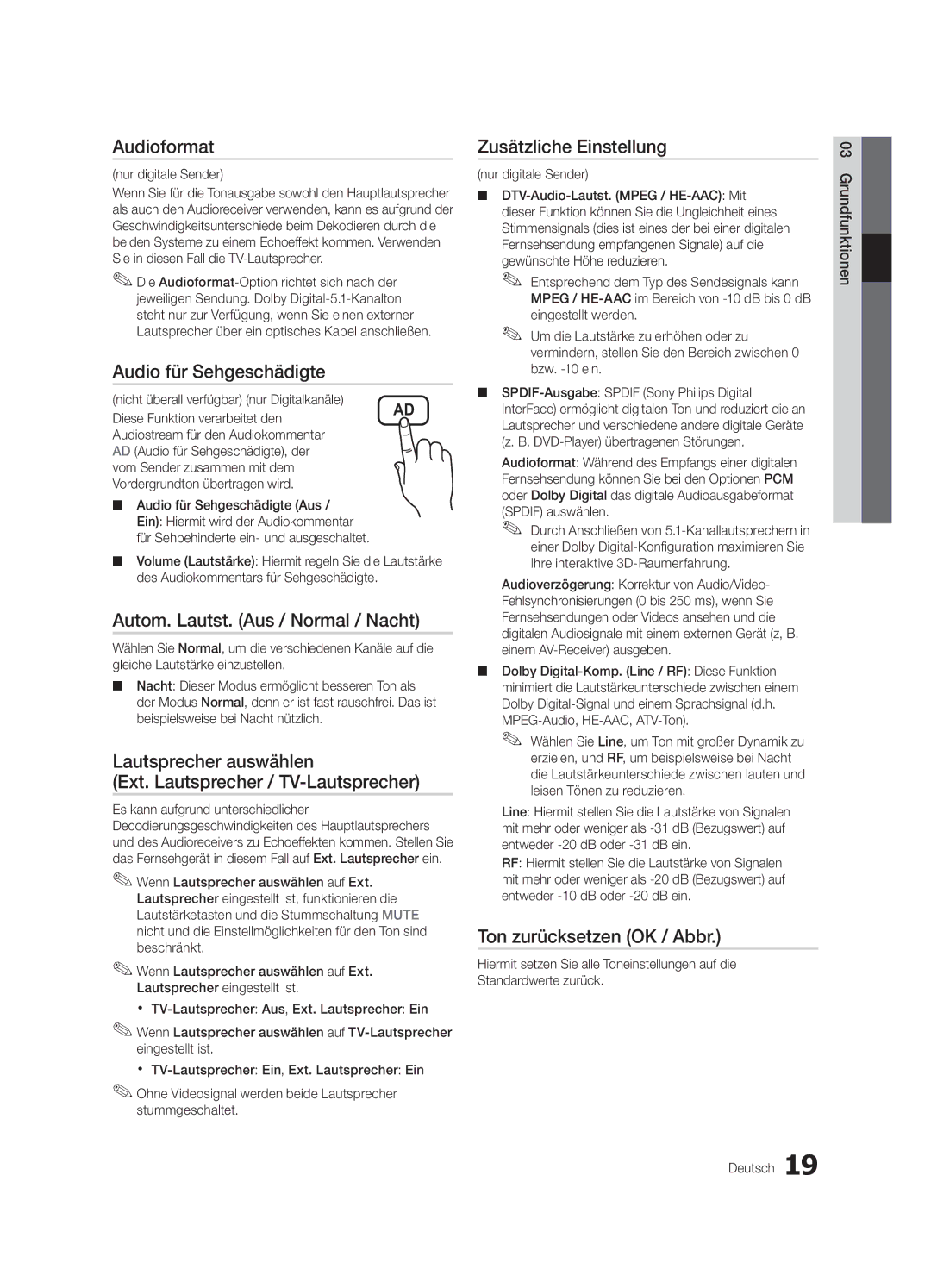 Samsung UE32C6000RWXXC Audioformat, Audio für Sehgeschädigte, Autom. Lautst. Aus / Normal / Nacht, Zusätzliche Einstellung 