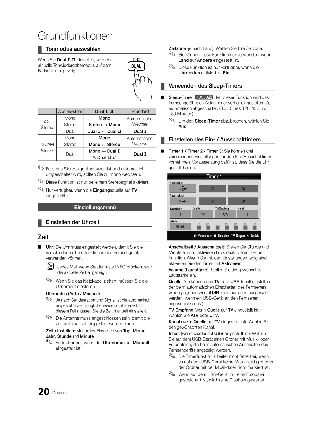 Samsung UE46C6000RWXXH, UE40C6000RWXXN manual Zeit, Tonmodus auswählen, Einstellen der Uhrzeit, Verwenden des Sleep-Timers 