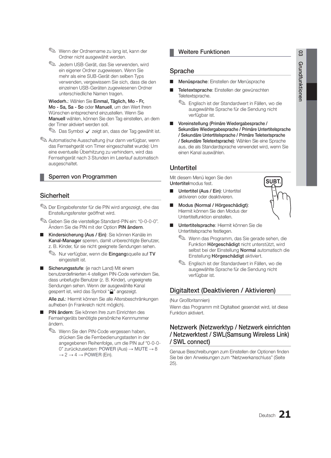 Samsung UE40C6000RWXXH, UE40C6000RWXXN manual Sicherheit, Sprache, Untertitel, Digitaltext Deaktivieren / Aktivieren 