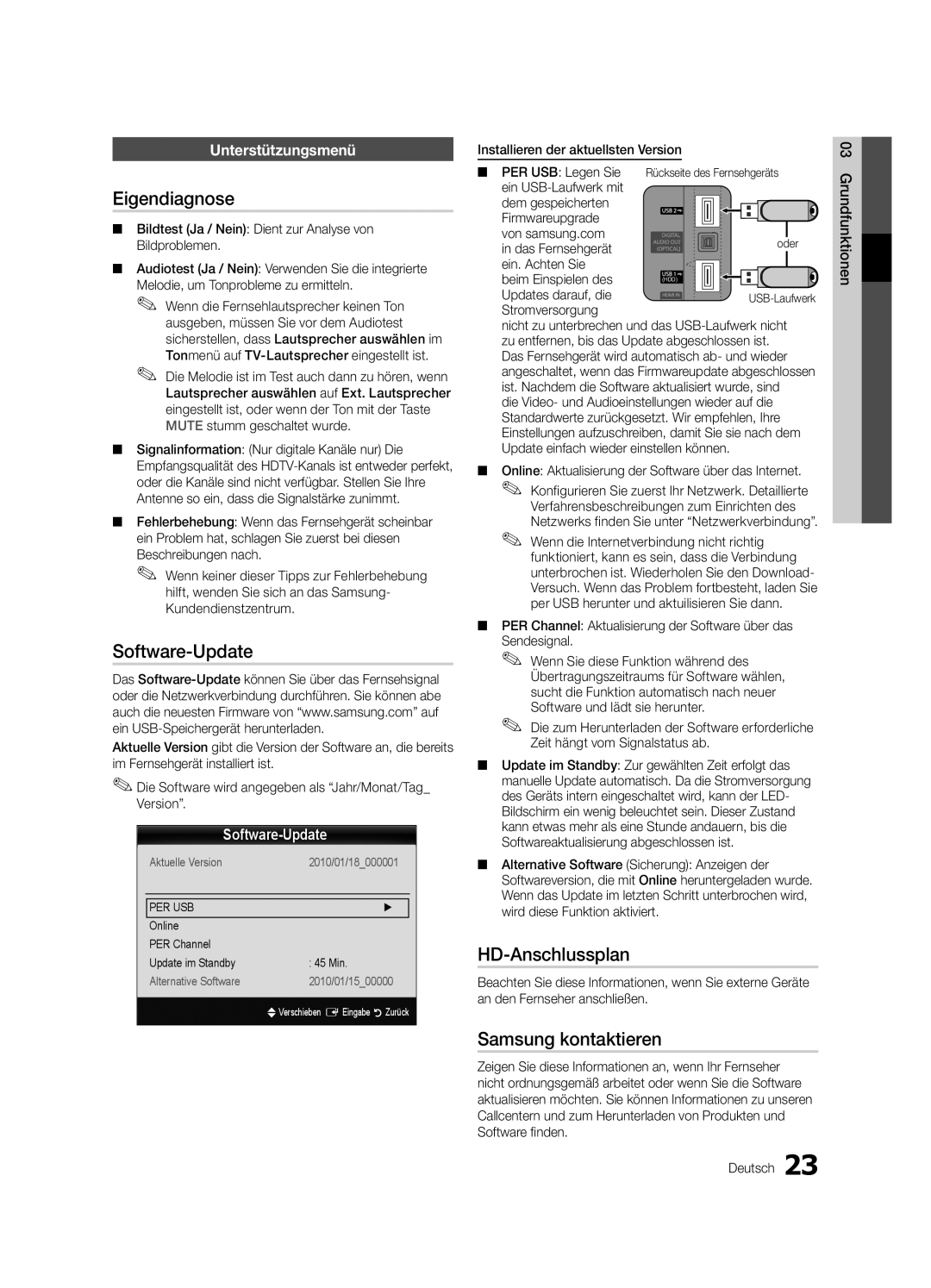 Samsung UE46C6005RWXXE, UE40C6000RWXXN manual Eigendiagnose, Software-Update, HD-Anschlussplan, Samsung kontaktieren 