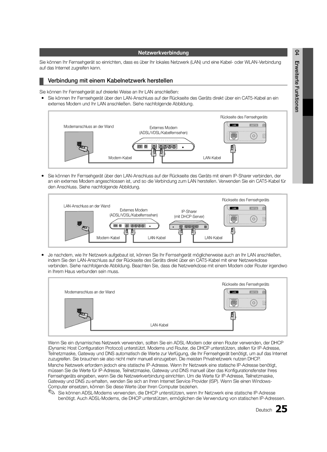 Samsung UE37C6000RWXXN Verbindung mit einem Kabelnetzwerk herstellen, Netzwerkverbindung, Deutsch 04FunktionenErweiterte 