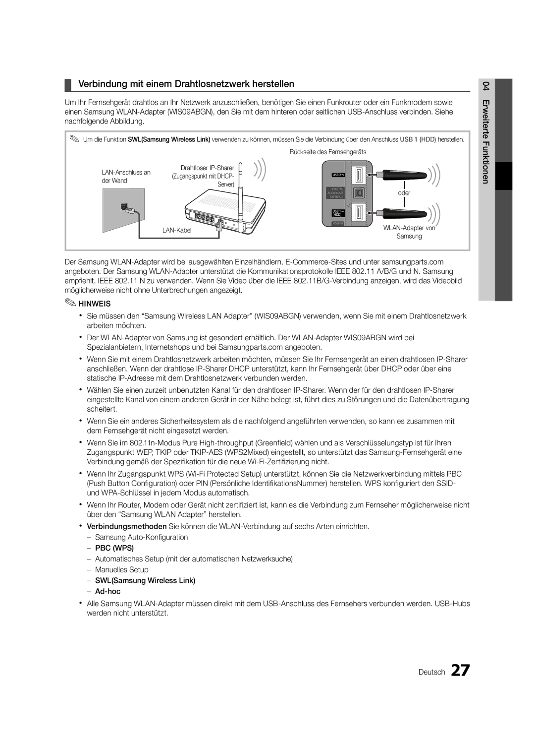 Samsung UE40C6000RWXZG Verbindung mit einem Drahtlosnetzwerk herstellen, Rückseite des Fernsehgeräts, Der Wand Server Oder 