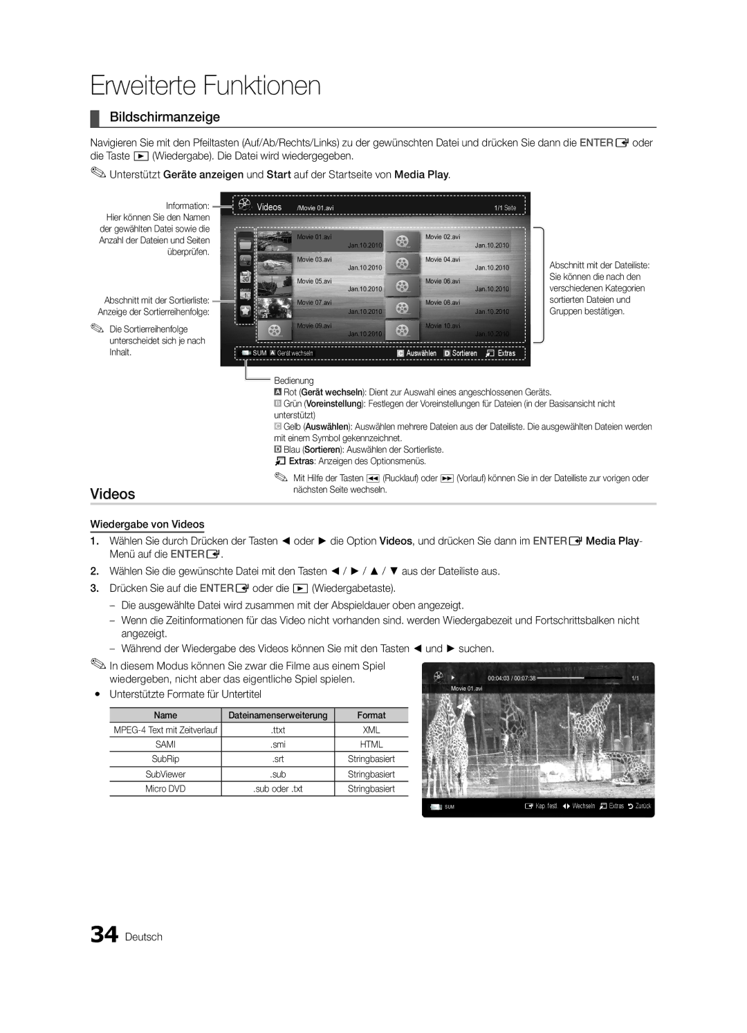 Samsung UE46C6000RWXZG, UE40C6000RWXXN, UE37C6000RWXXN manual Bildschirmanzeige, Yy Unterstützte Formate für Untertitel 