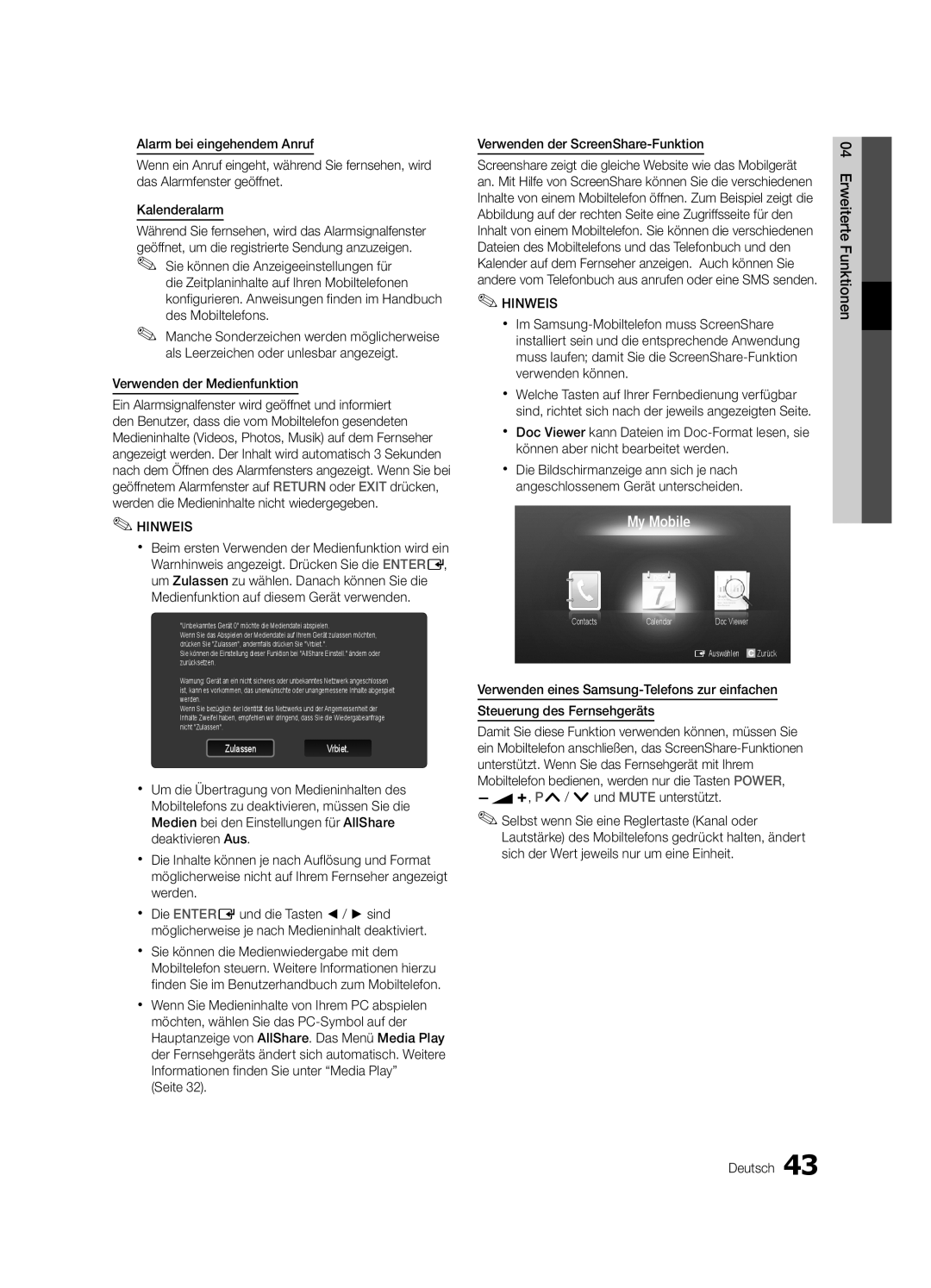 Samsung UE32C6000RWXXH, UE40C6000RWXXN manual Verwenden der Medienfunktion, Seite Verwenden der ScreenShare-Funktion 