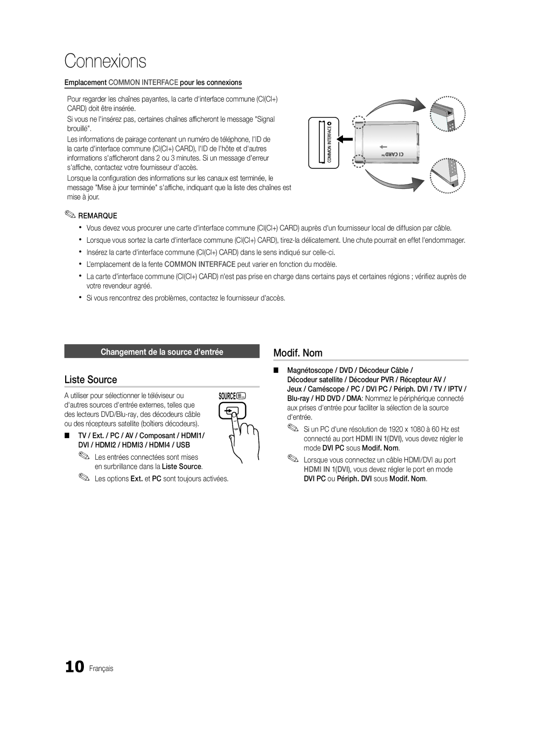 Samsung UE46C6000RWXZG, UE40C6000RWXXN, UE37C6000RWXXN manual Liste Source, Modif. Nom, Changement de la source dentrée 