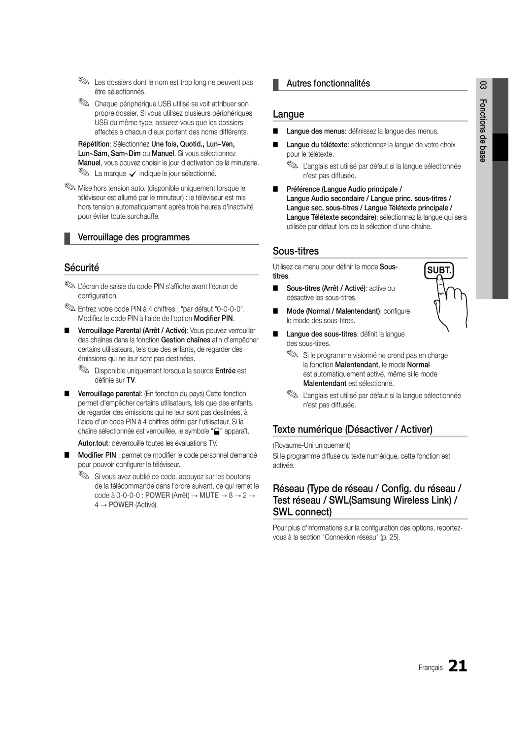 Samsung UE40C6000RWXZG Sécurité, Langue, Sous-titres, Texte numérique Désactiver / Activer, Verrouillage des programmes 