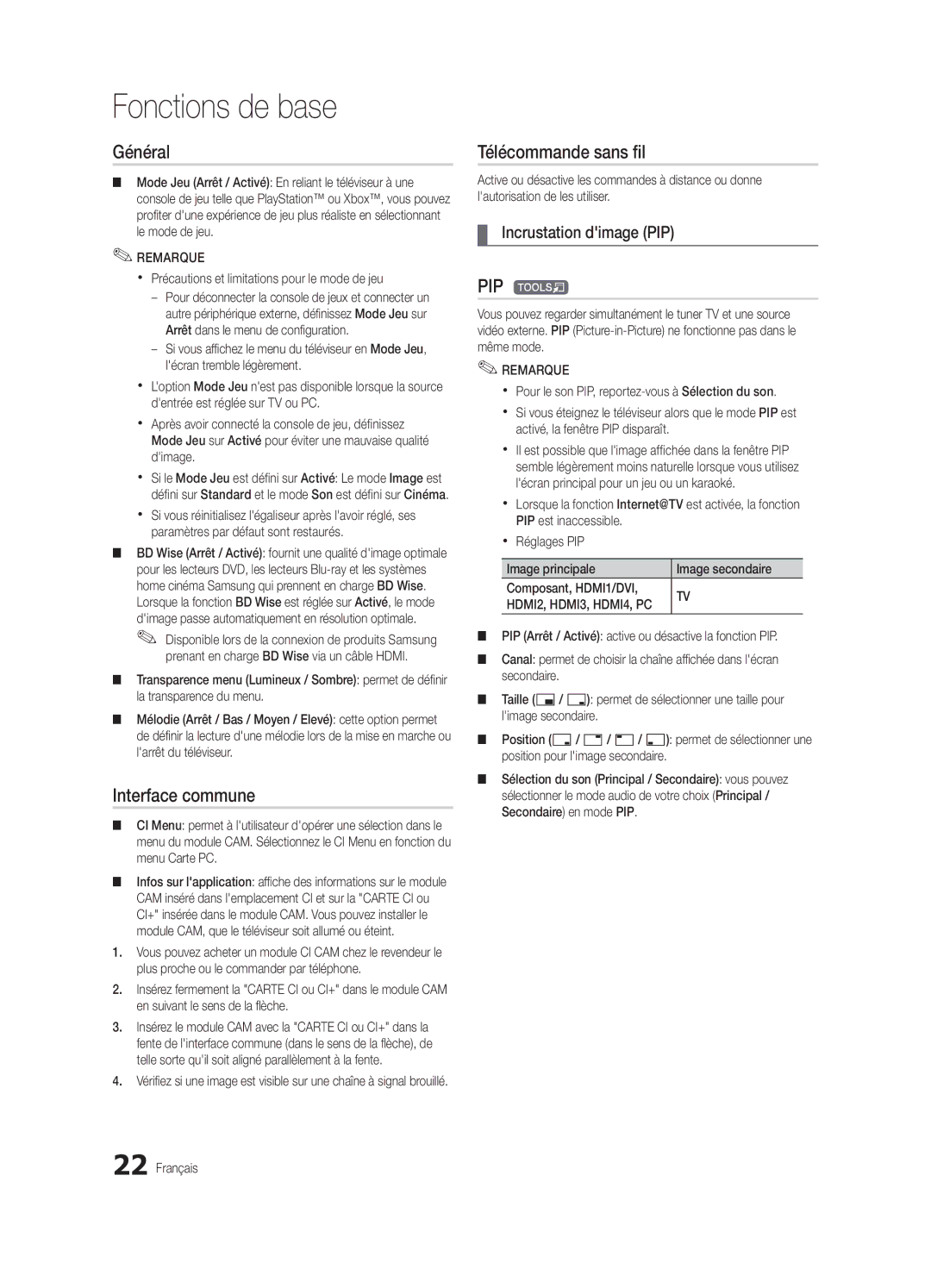 Samsung UE37C6000RWXZG, UE40C6000RWXXN manual Général, Interface commune, Télécommande sans fil, Incrustation dimage PIP 