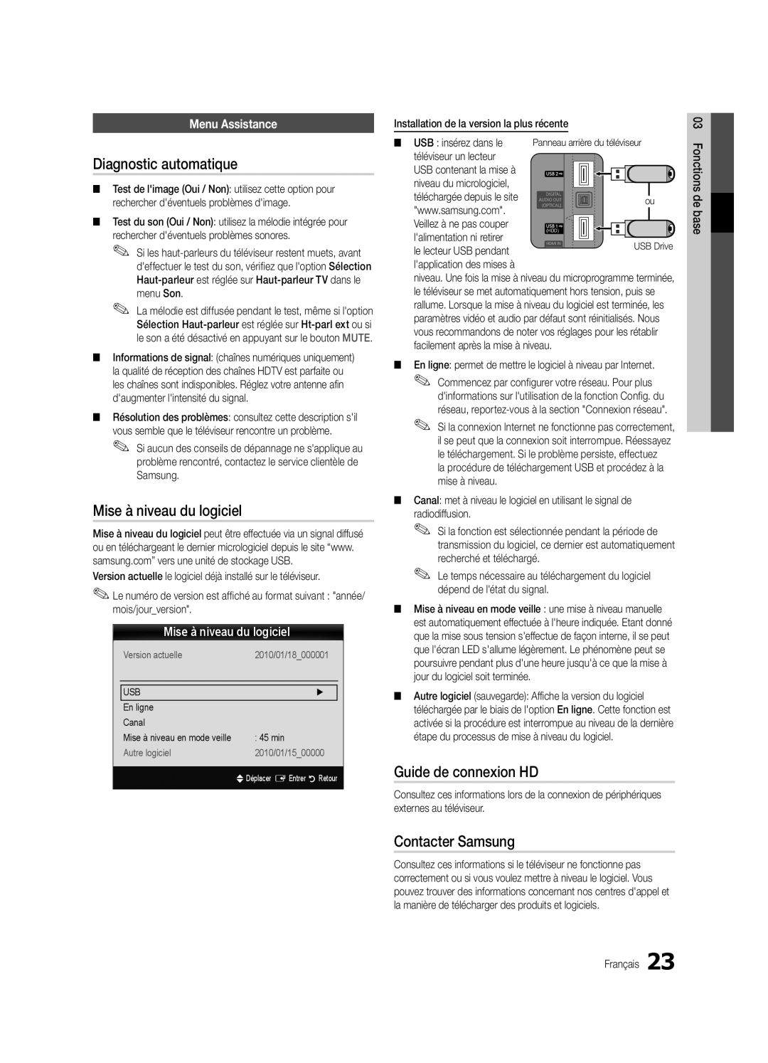 Samsung UE32C6000RWXXN manual Diagnostic automatique, Mise à niveau du logiciel, Guide de connexion HD, Contacter Samsung 