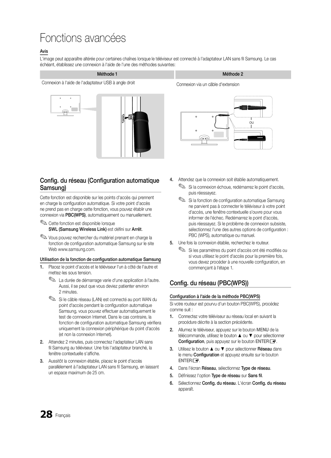 Samsung UE46C6000RWXZG, UE40C6000RWXXN manual Config. du réseau Configuration automatique Samsung, Config. du réseau Pbcwps 