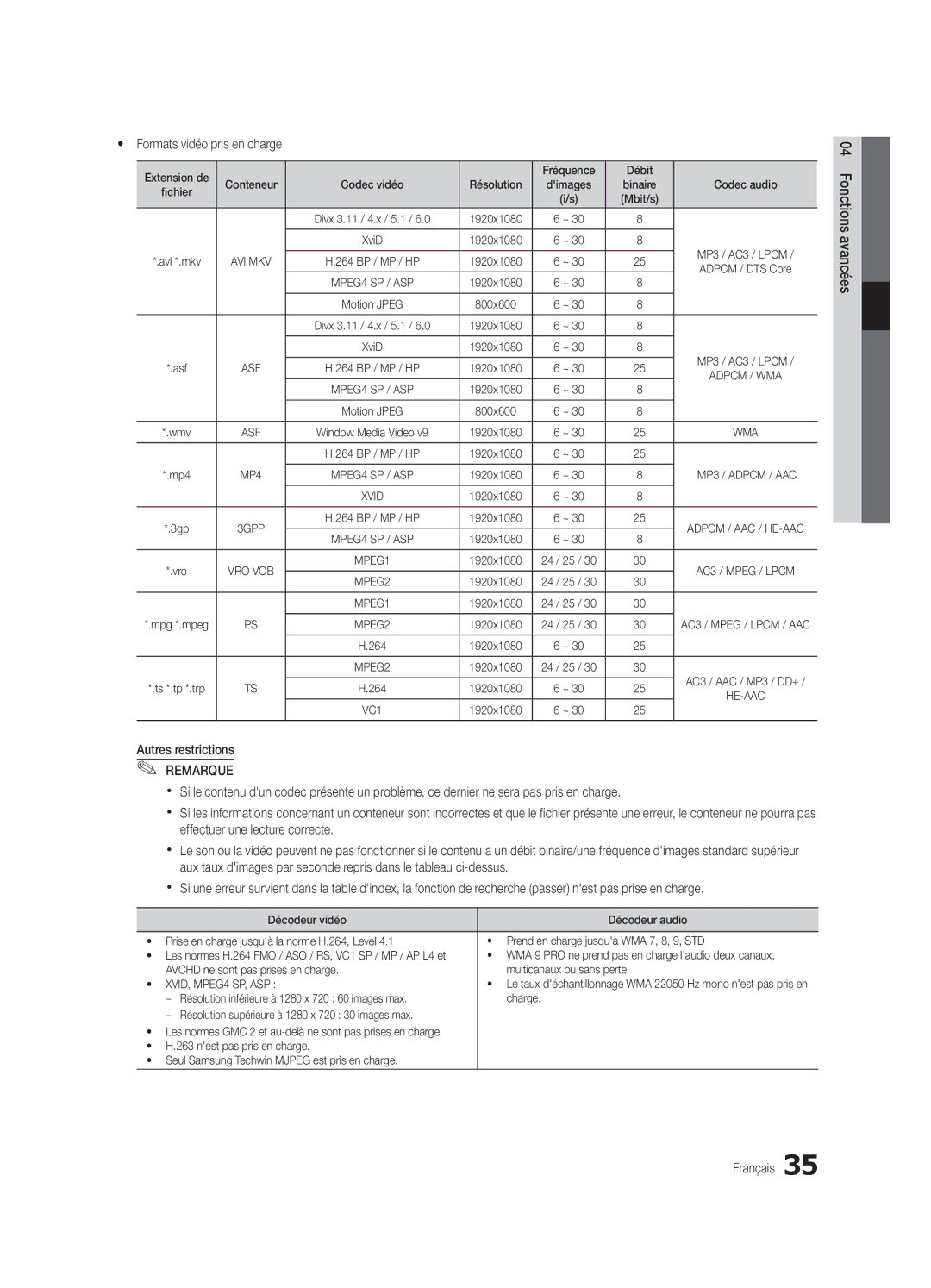 Samsung UE37C6000RWXZF manual Yy Formats vidéo pris en charge, Extension de Fréquence Débit, Autres restrictions Remarque 