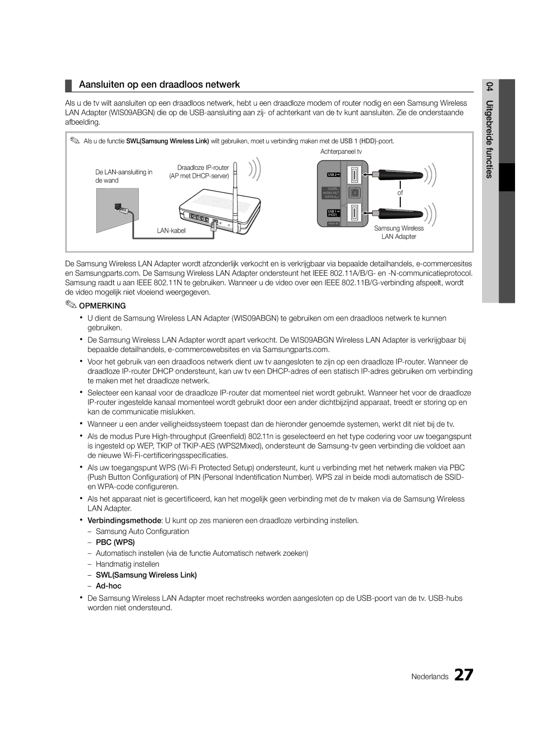 Samsung UE32C6000RWXZG, UE40C6000RWXXN Aansluiten op een draadloos netwerk, Draadloze IP-router AP met DHCP-server De wand 