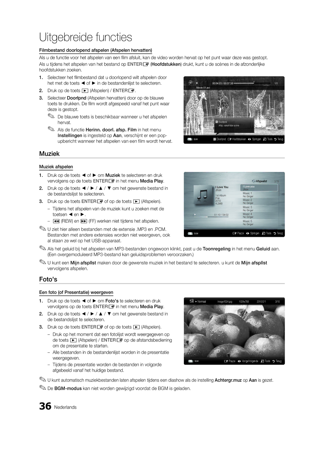 Samsung UE40C6000RWXXN manual Druk op de toets Afspelen / Entere, Muziek afspelen, Een foto of Presentatie weergeven 