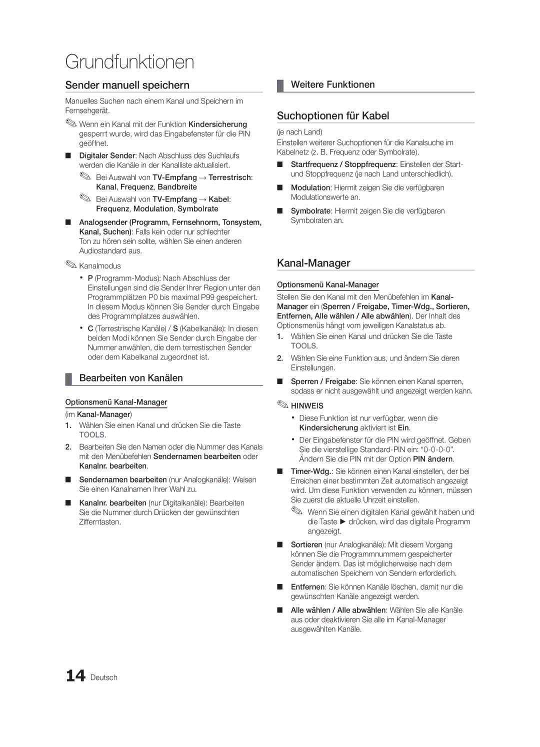 Samsung UE32C6000RWXZF manual Sender manuell speichern, Suchoptionen für Kabel, Bearbeiten von Kanälen, Weitere Funktionen 