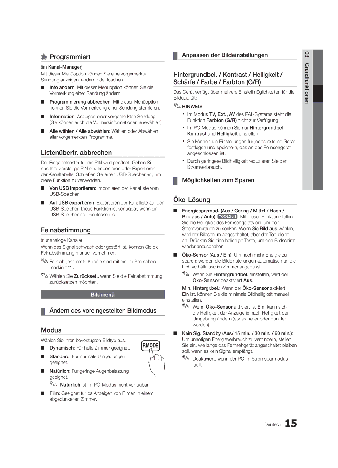 Samsung UE46C6000RWXZF, UE40C6000RWXXN manual Programmiert, Listenübertr. abbrechen, Feinabstimmung, Modus, Öko-Lösung 