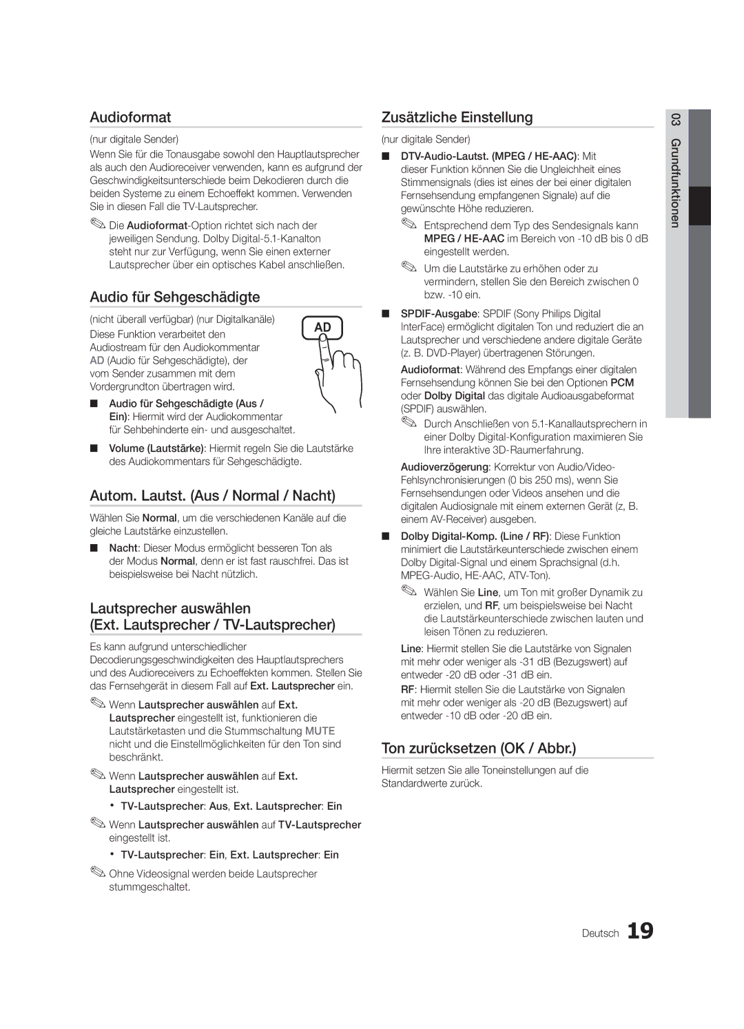 Samsung UE37C6000RWXXN Audioformat, Audio für Sehgeschädigte, Autom. Lautst. Aus / Normal / Nacht, Zusätzliche Einstellung 