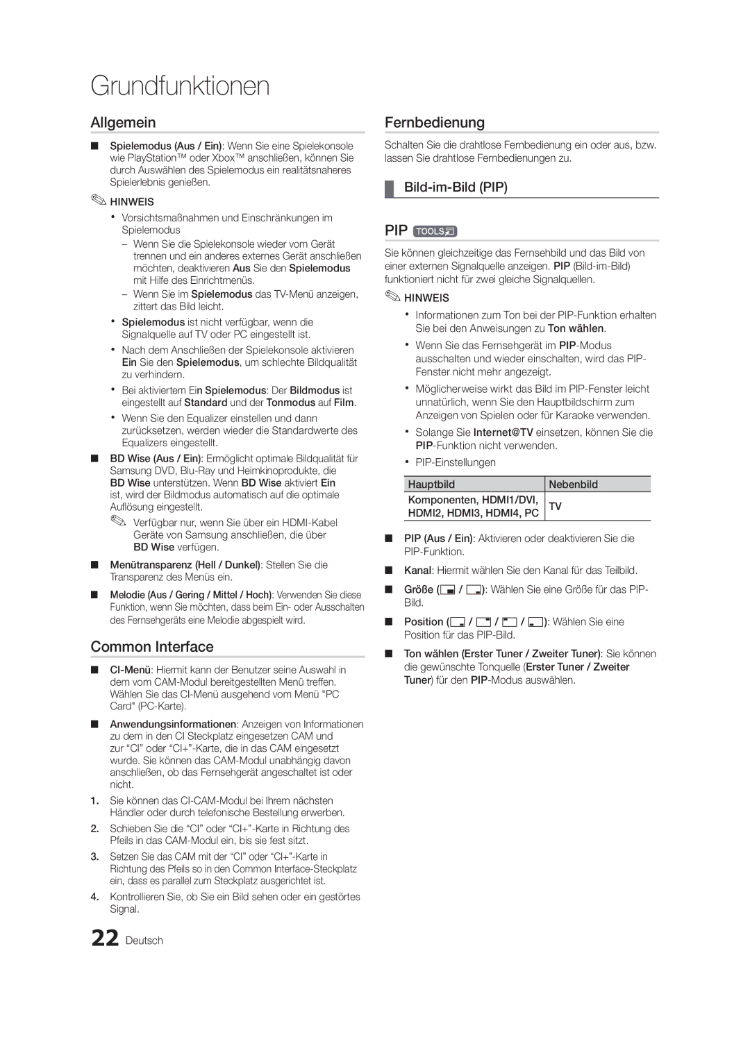 Samsung UE37C6000RWXZG, UE40C6000RWXXN, UE37C6000RWXXN, UE46C6000RWXXN manual Allgemein, Fernbedienung, Bild-im-Bild PIP 