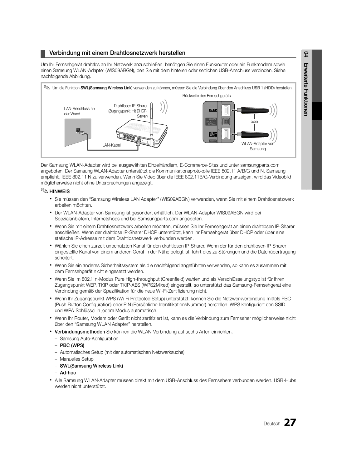 Samsung UE32C6000RWXZG Verbindung mit einem Drahtlosnetzwerk herstellen, Rückseite des Fernsehgeräts, Der Wand Server Oder 