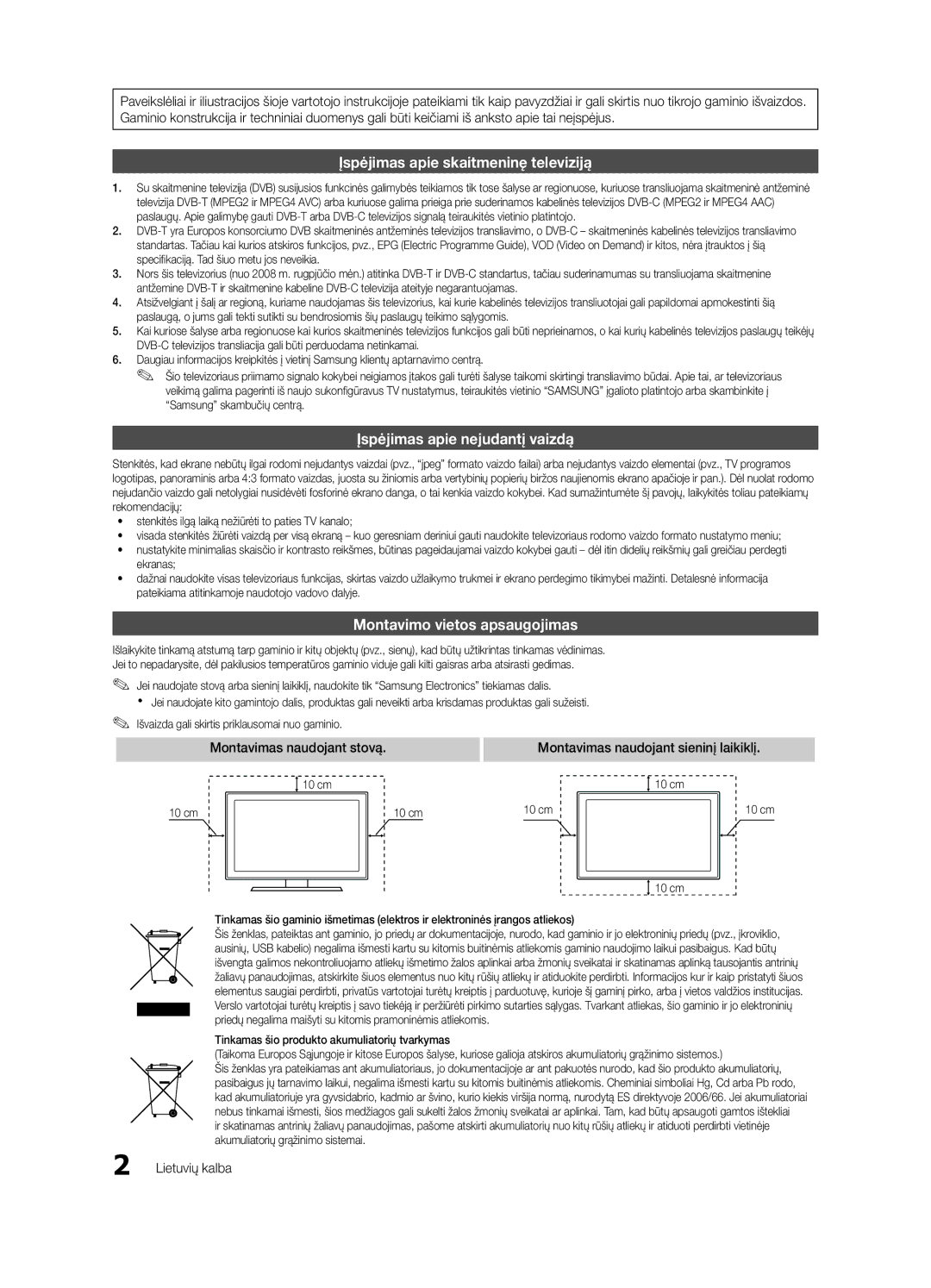 Samsung UE40C6510UWXRU Montavimo vietos apsaugojimas, Montavimas naudojant stovą, Montavimas naudojant sieninį laikiklį 