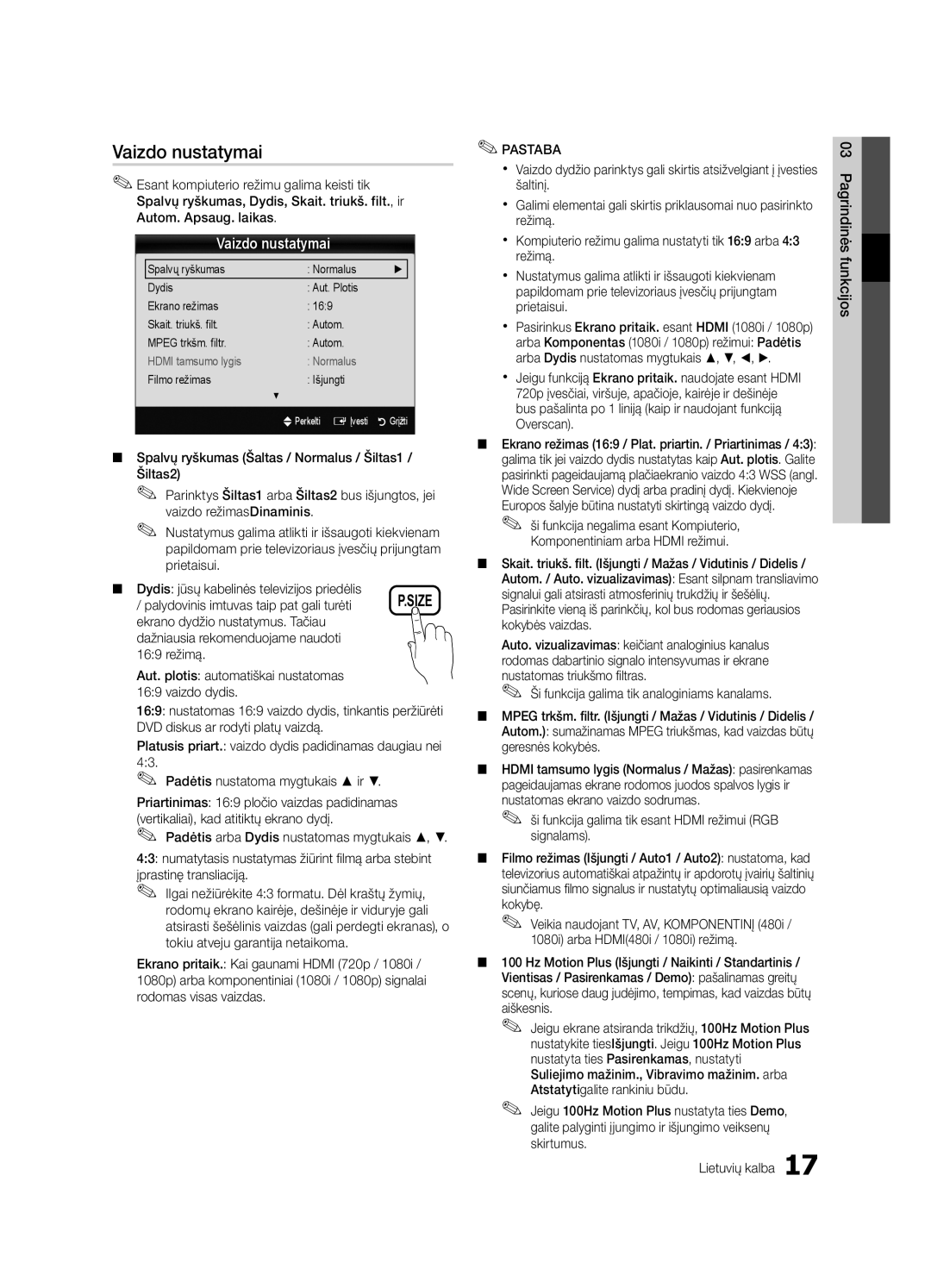 Samsung UE32C6530UWXBT manual Vaizdo nustatymai, Skirtumus Lietuvių kalba Funkcijos03 Pagrindinės, Filmo režimas Išjungti 