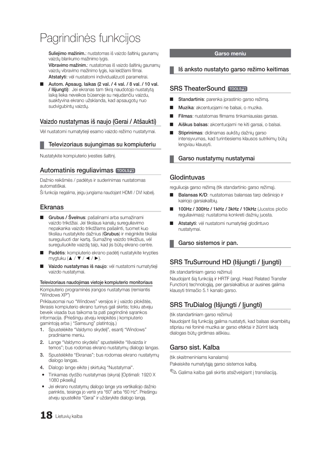 Samsung UE32C6500UWXBT manual Automatinis reguliavimas t, Ekranas, Glodintuvas, SRS TruSurround HD Išjungti / Įjungti 