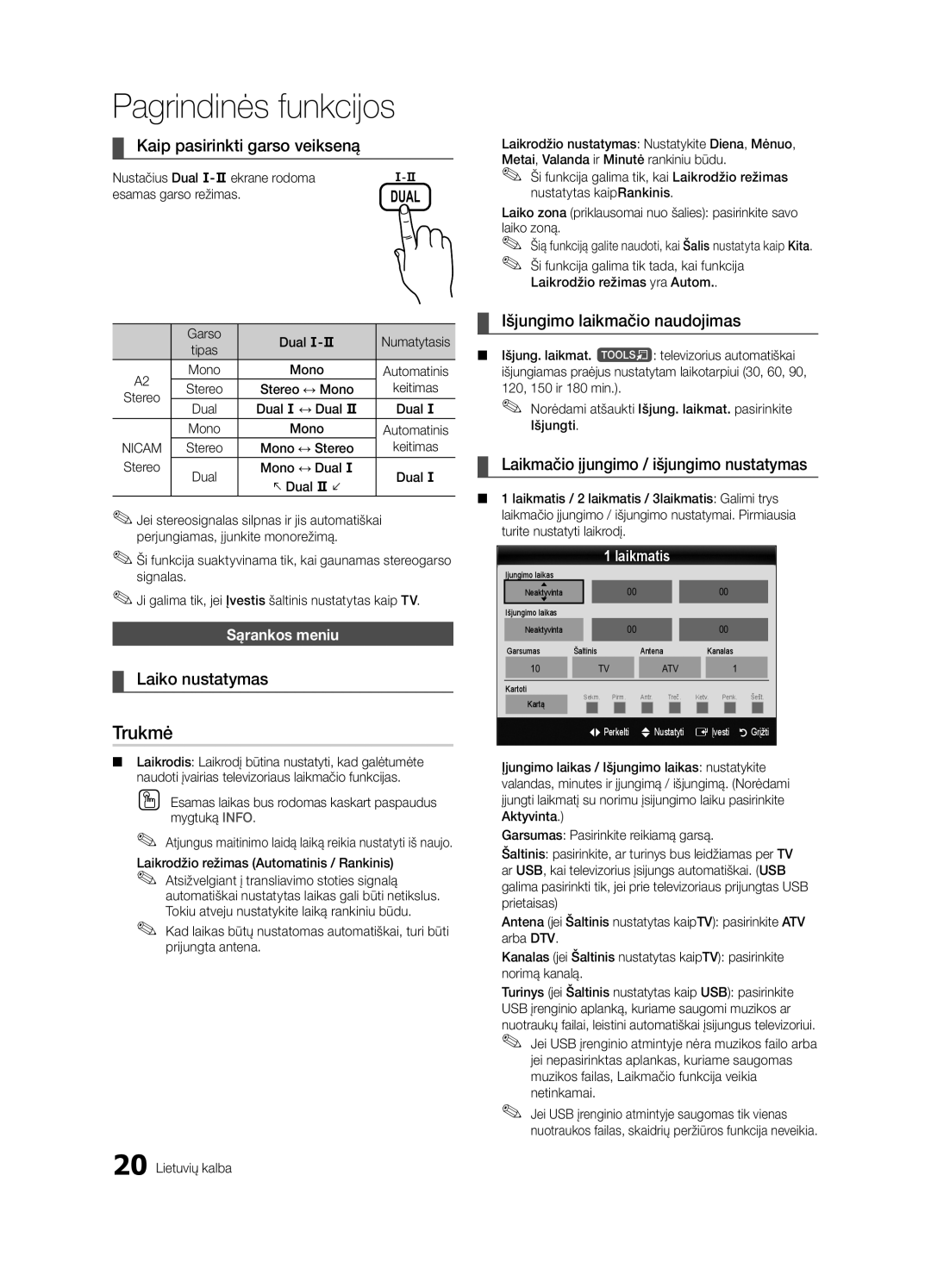 Samsung UE40C6530UWXBT manual Trukmė, Kaip pasirinkti garso veikseną, Laiko nustatymas, Išjungimo laikmačio naudojimas 