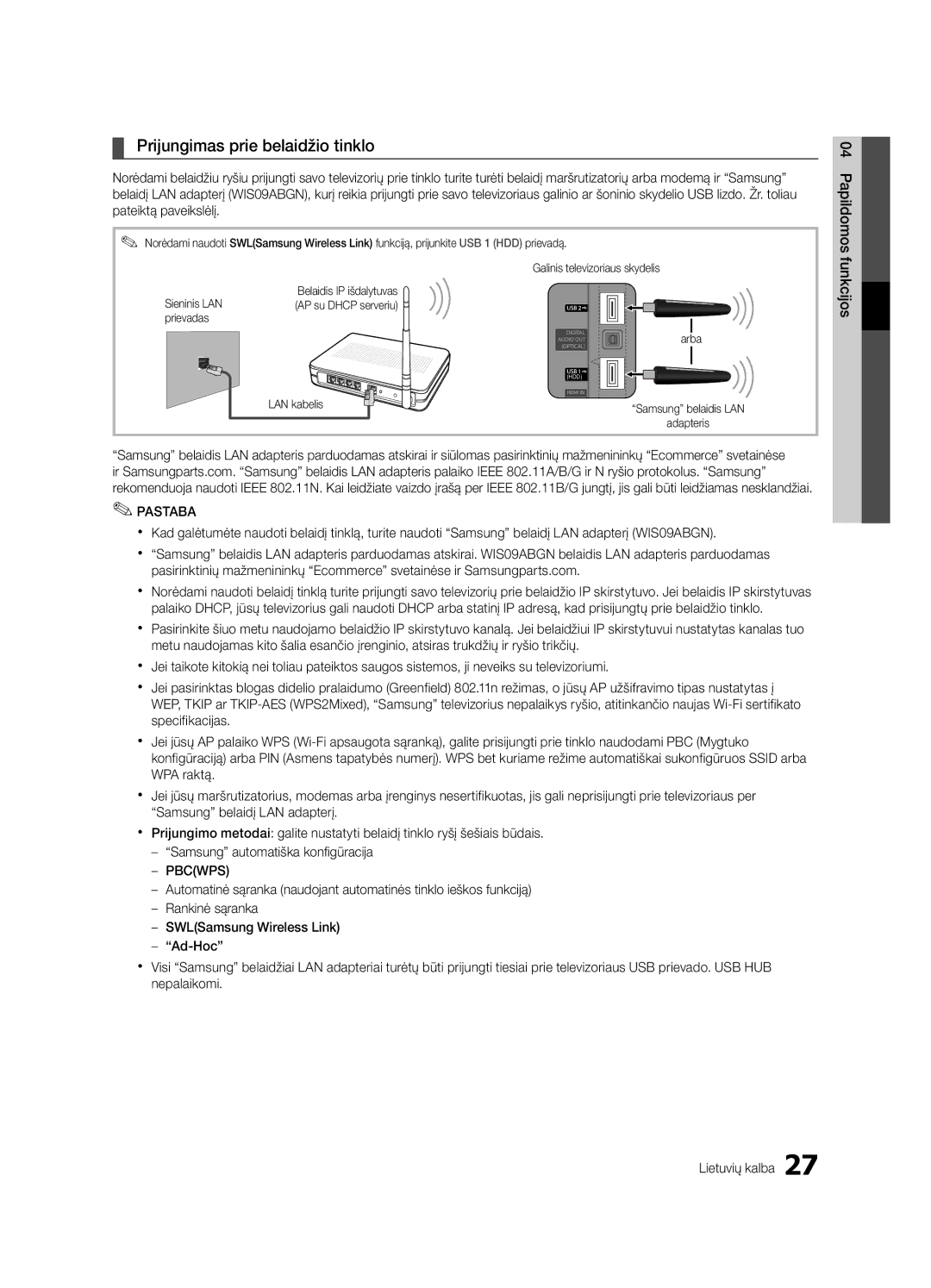 Samsung UE32C6530UWXBT, UE40C6510UWXBT, UE40C6500UWXBT, UE32C6510UWXBT manual Prijungimas prie belaidžio tinklo, Pbcwps 